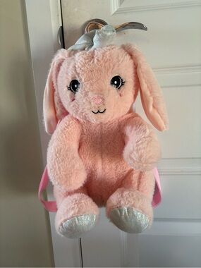 Plush Pink Bunny Backpack with Shimmery Silver Accents - Cute Kids Bag